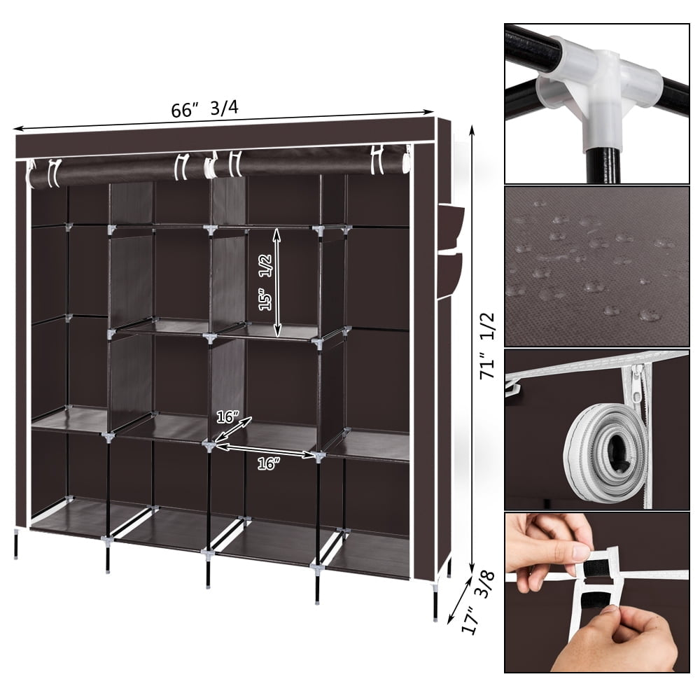 Hommoo 67" Clothes Closet, Portable Wardrobe Clothes Storage Rack with 12 Shelves 4 Side Pockets - Dark Brown Image 2