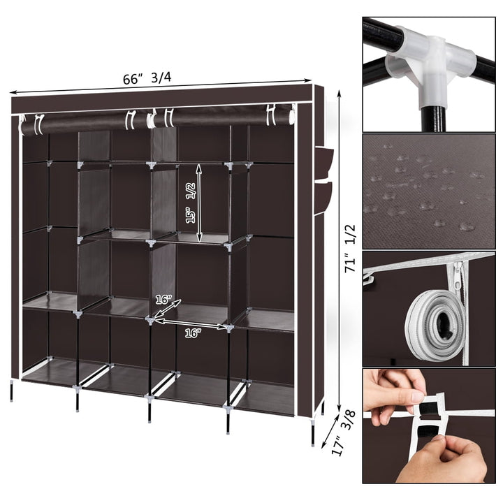 Hommoo 67" Clothes Closet, Portable Wardrobe Clothes Storage Rack with 12 Shelves 4 Side Pockets - Dark Brown Image 2