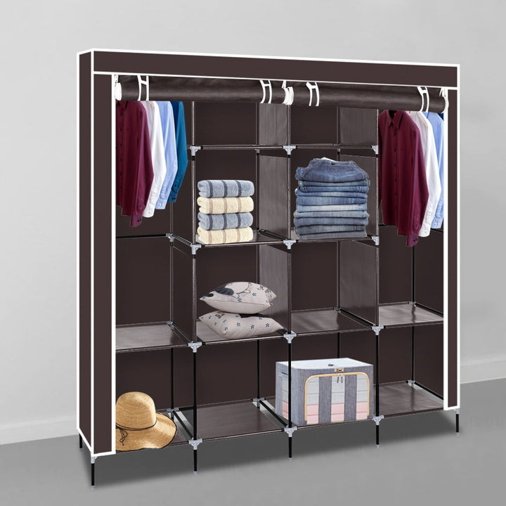 Hommoo 67" Clothes Closet, Portable Wardrobe Clothes Storage Rack with 12 Shelves 4 Side Pockets - Dark Brown Image 4