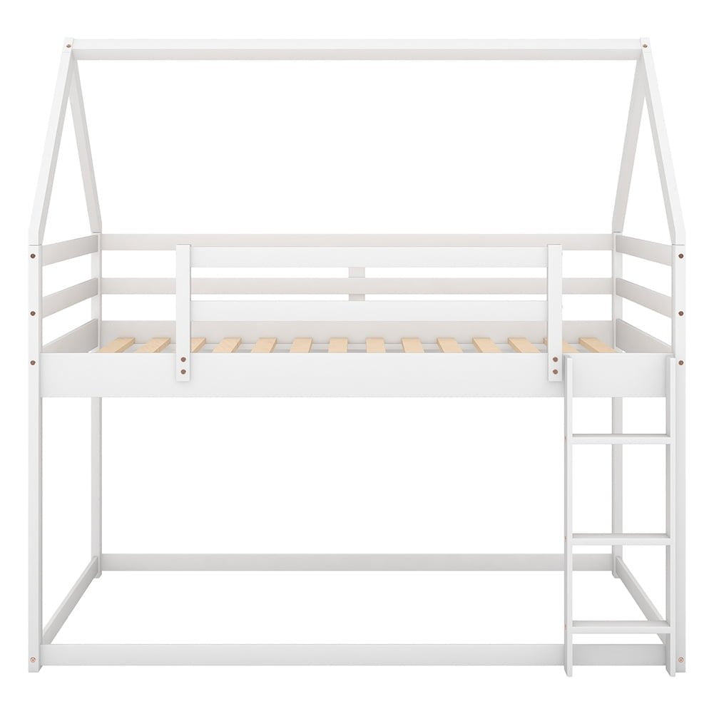 Hommoo Twin over Twin Low House Bed, Solid Wood Bunk Bed with Ladder - White Image 3