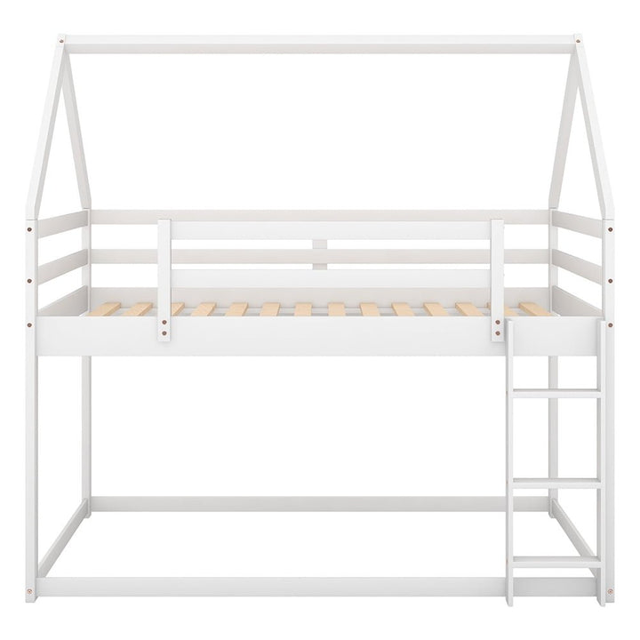 Hommoo Twin over Twin Low House Bed, Solid Wood Bunk Bed with Ladder - White Image 3