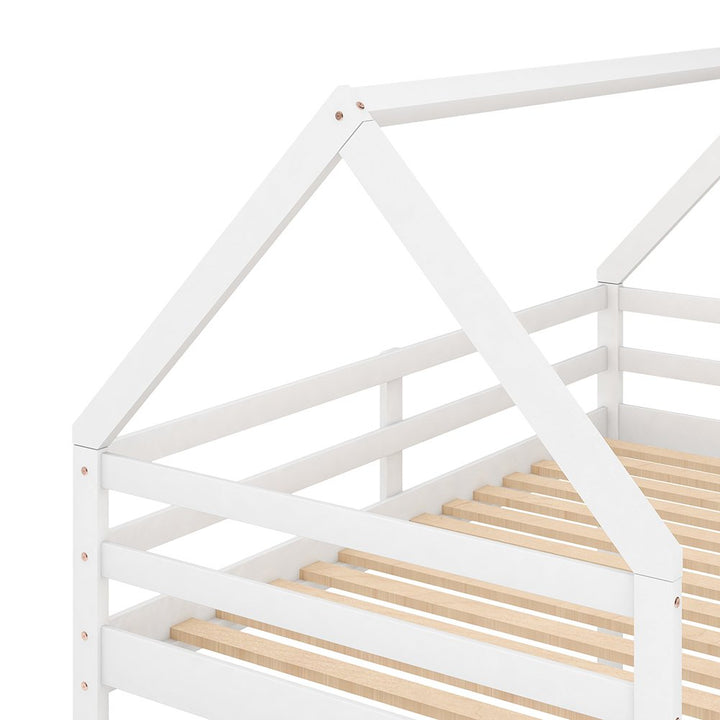 Hommoo Twin over Twin Low House Bed, Solid Wood Bunk Bed with Ladder - White Image 4