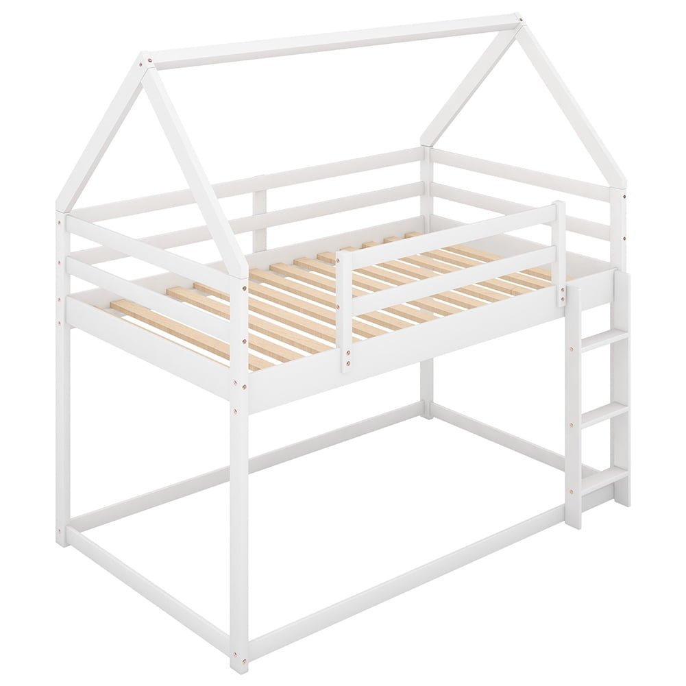 Hommoo Twin over Twin Low House Bed, Solid Wood Bunk Bed with Ladder - White Image 5