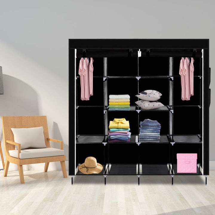 Hommoo 67" Clothes Closet, Portable Wardrobe Clothes Storage Rack with 12 Shelves 4 Side Pockets - Black Image 1