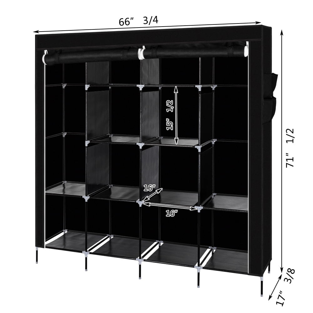 Hommoo 67" Clothes Closet, Portable Wardrobe Clothes Storage Rack with 12 Shelves 4 Side Pockets - Black Image 2