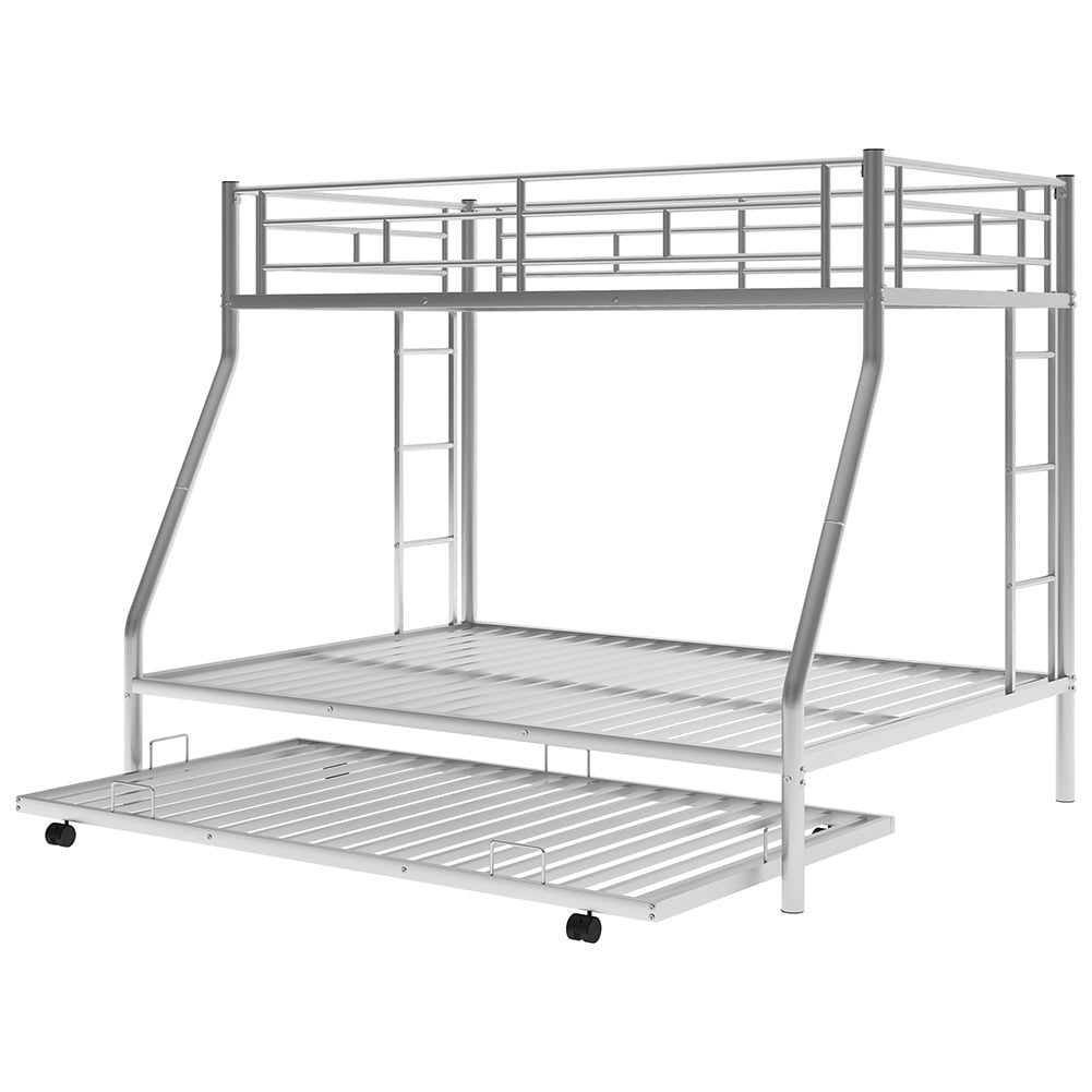 Hommoo Twin Over Full Metal Bunk Bed with Trundle and 2 Ladder for 3 People - Silver Image 3