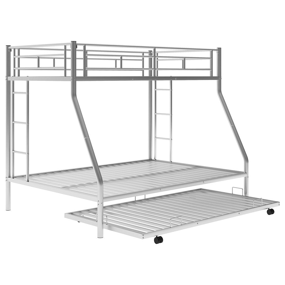 Hommoo Twin Over Full Metal Bunk Bed with Trundle and 2 Ladder for 3 People - Silver Image 4