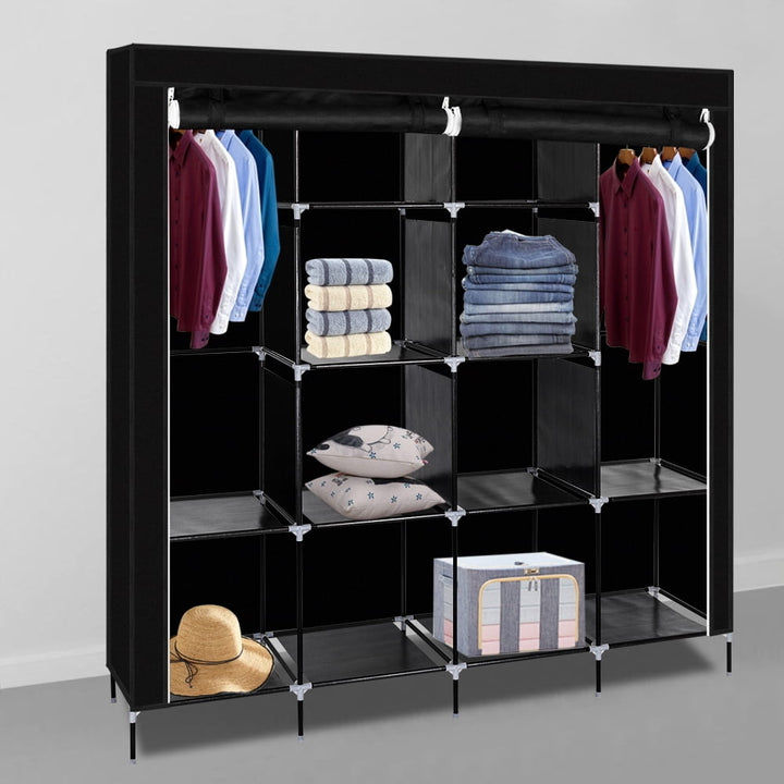 Hommoo 67" Clothes Closet, Portable Wardrobe Clothes Storage Rack with 12 Shelves 4 Side Pockets - Black Image 3