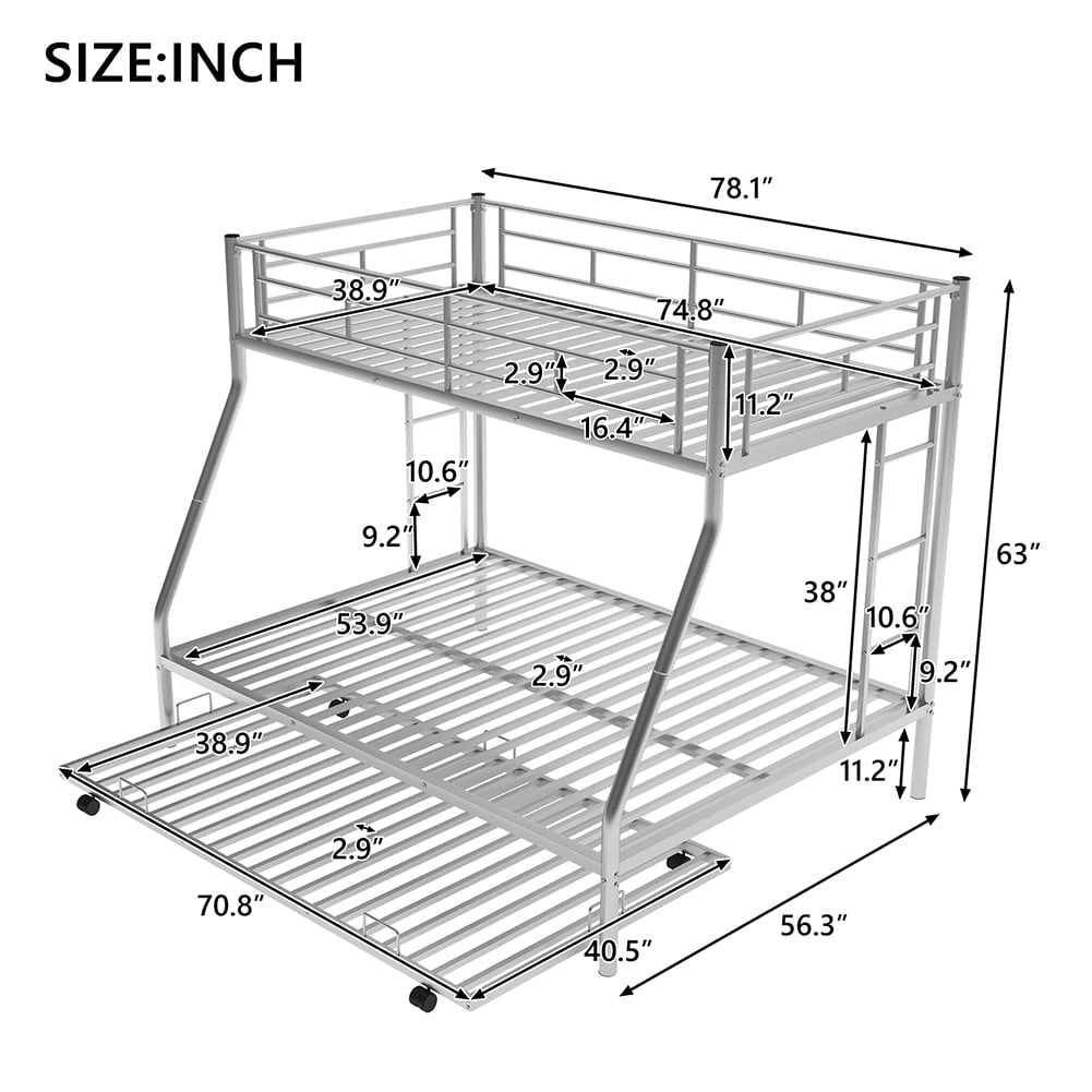 Hommoo Twin Over Full Metal Bunk Bed with Trundle and 2 Ladder for 3 People - Silver Image 6