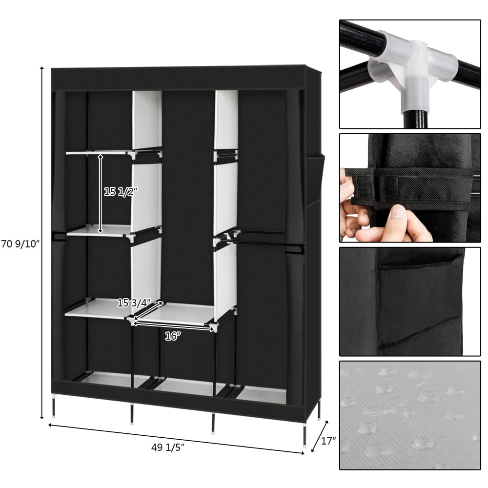 Hommoo 71" Portable Closet Wardrobe, Clothes Rack Storage Organizer with Shelves - Black Image 2