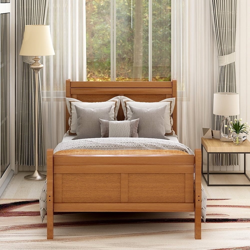 Hommoo Wood Platform Beds with Headboard/Footboard/Wood Slat Support, Twin Bed Frame Sleigh Bed, Oak Image 1