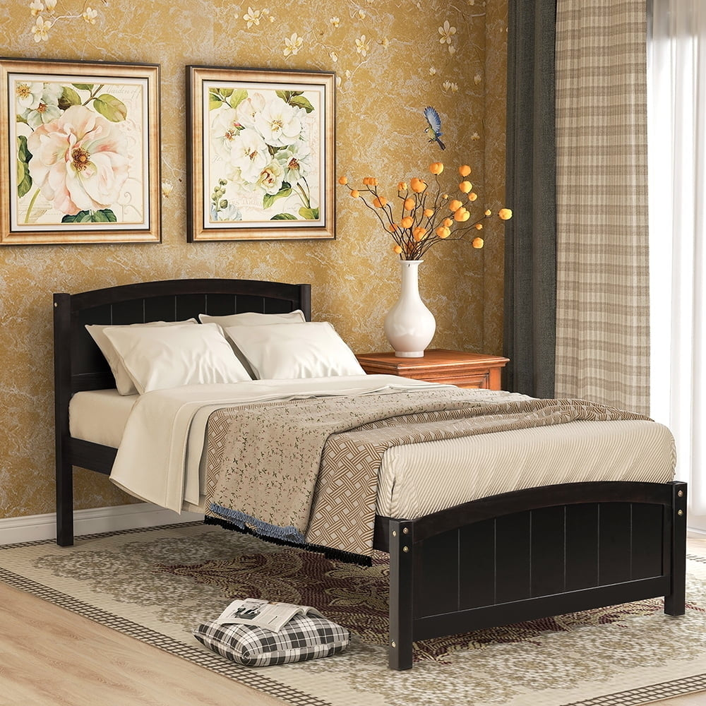 Hommoo Solid Wood Platform Beds with Headboard, Footboard and Wood Slat Support - Espresso Image 1