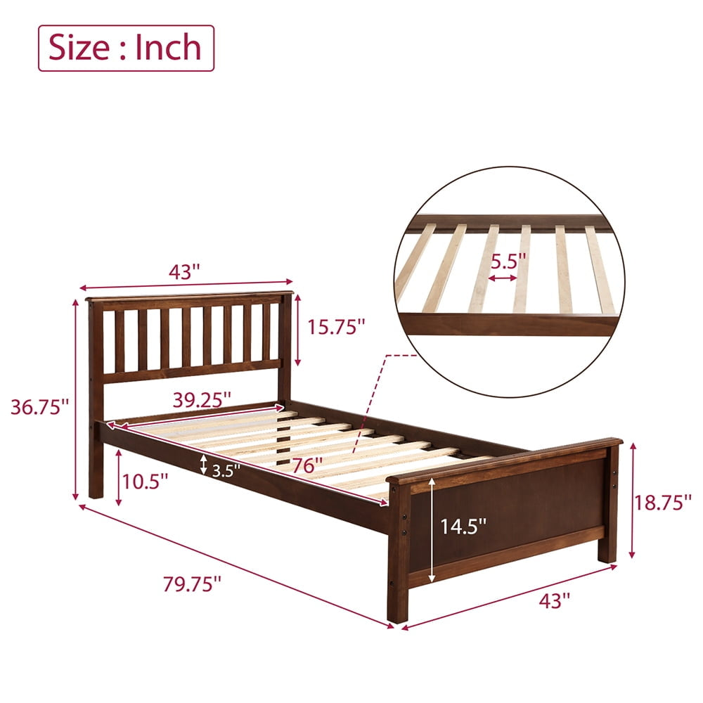 Hommoo Twin Size Wood Platform Beds with Headboard, Footboard and Wood Slat Support - Walnut Image 2