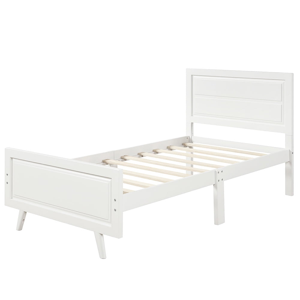 Hommoo Wood Platform Beds with Headboard and Wood Slat Support, Twin Bed Frame Mattress Foundation - White Image 2