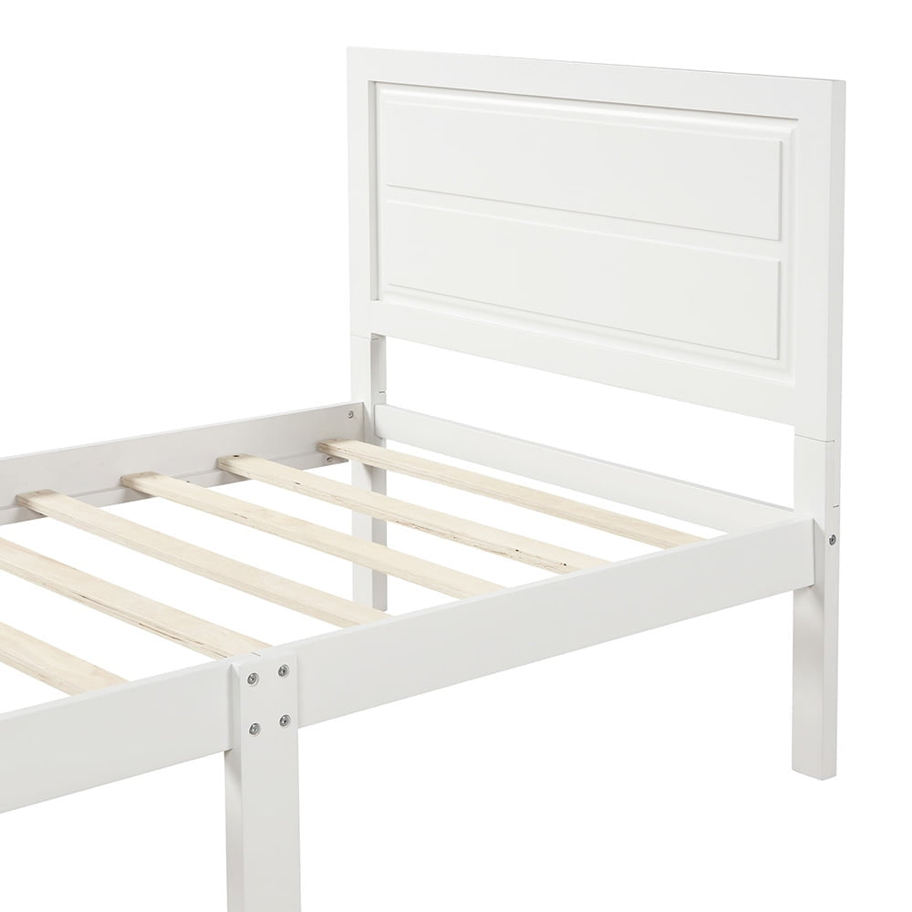 Hommoo Wood Platform Beds with Headboard and Wood Slat Support, Twin Bed Frame Mattress Foundation - White Image 3