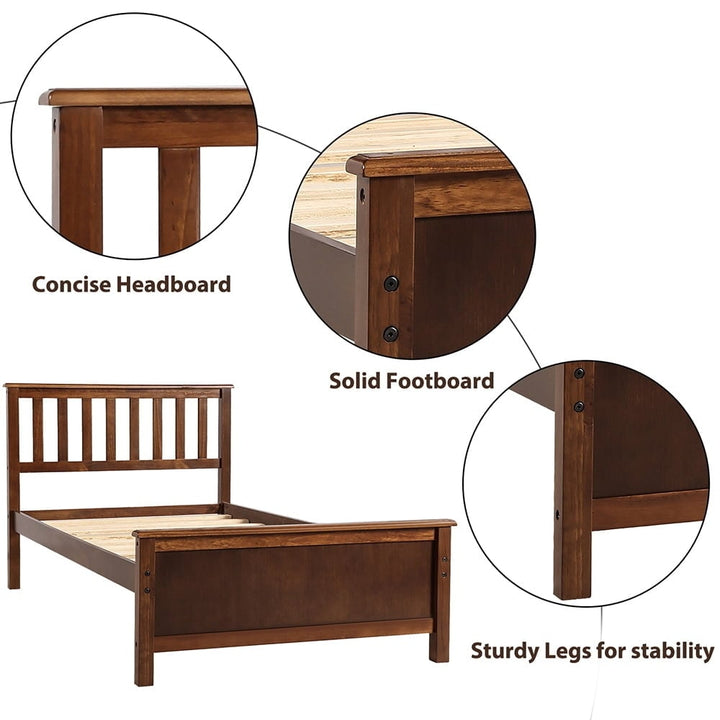 Hommoo Twin Size Wood Platform Beds with Headboard, Footboard and Wood Slat Support - Walnut Image 6