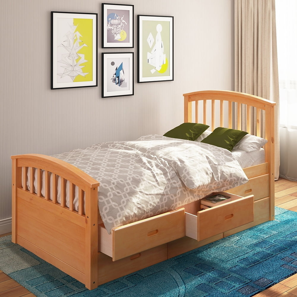 Hommoo Modern Wood with Storage Platform Bed, Twin, Oak Image 1