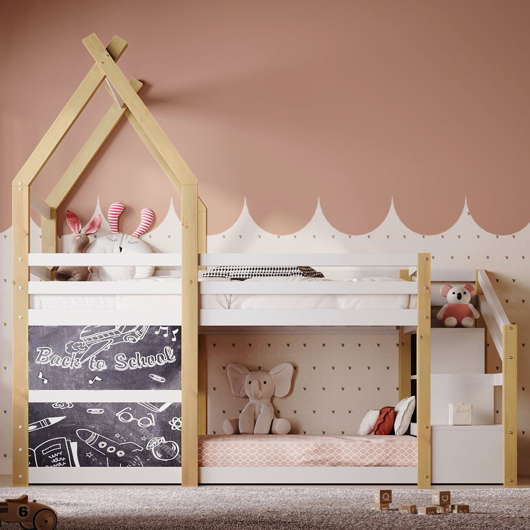 Hommoo Wood House Bed Frame Twin over Twin Bunk Bed with Ladders and Storage, White Image 1