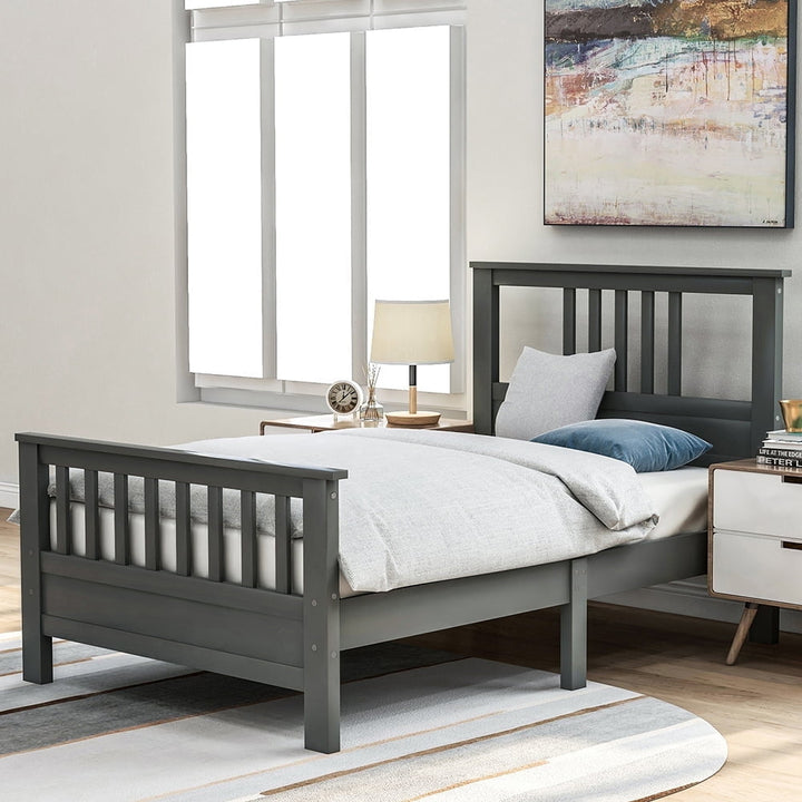 Hommoo Modern Wood Platform Bed for Home Hotel, Twin Size Bed Frame with Headboard and Footboard, Gray Image 1