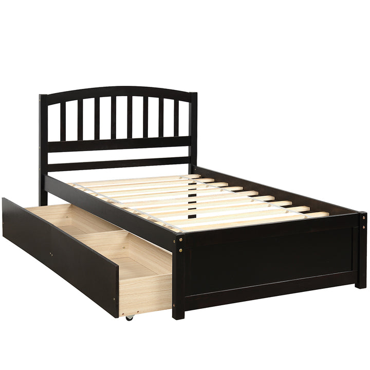 Hommoo Solid Wood Twin Size Platform Bed with Storage Dawers, Wood Bed Frame with Two Drawers and Headboard - Espresso Image 2