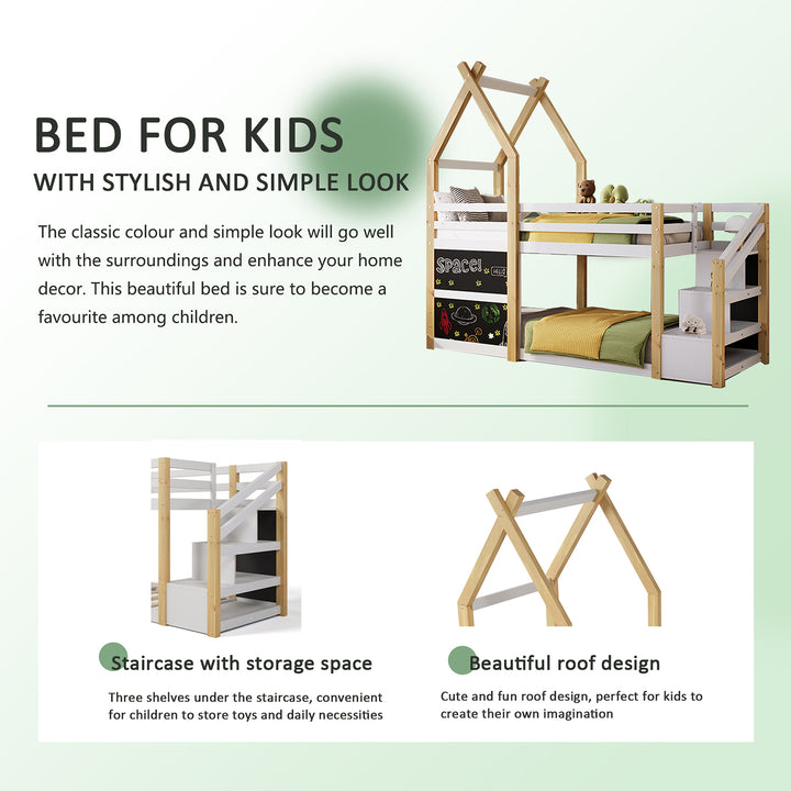 Hommoo Wood House Bed Frame Twin over Twin Bunk Bed with Ladders and Storage, White Image 2