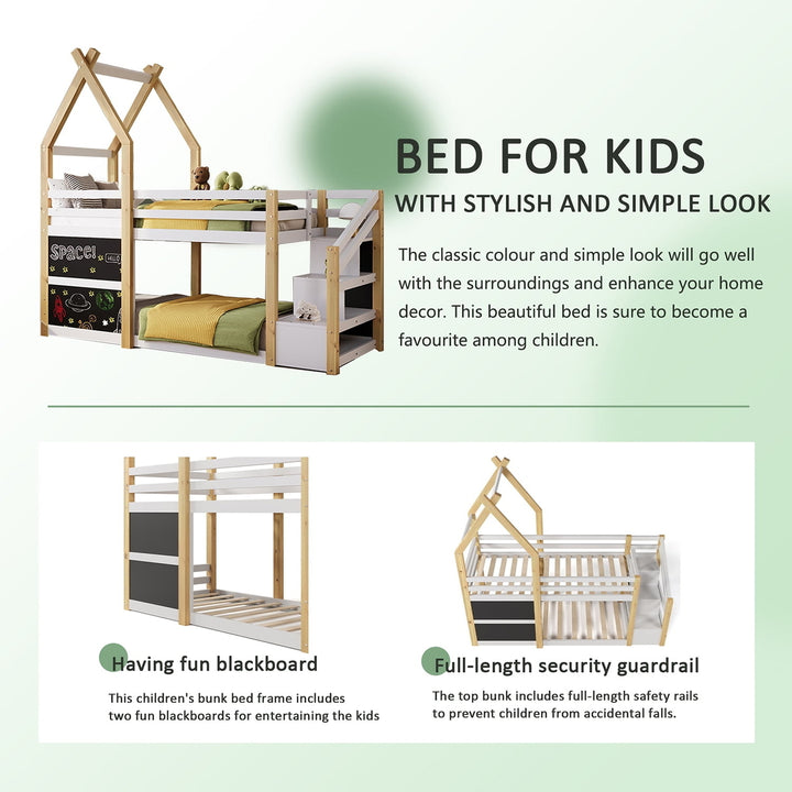 Hommoo Wood House Bed Frame Twin over Twin Bunk Bed with Ladders and Storage, White Image 4