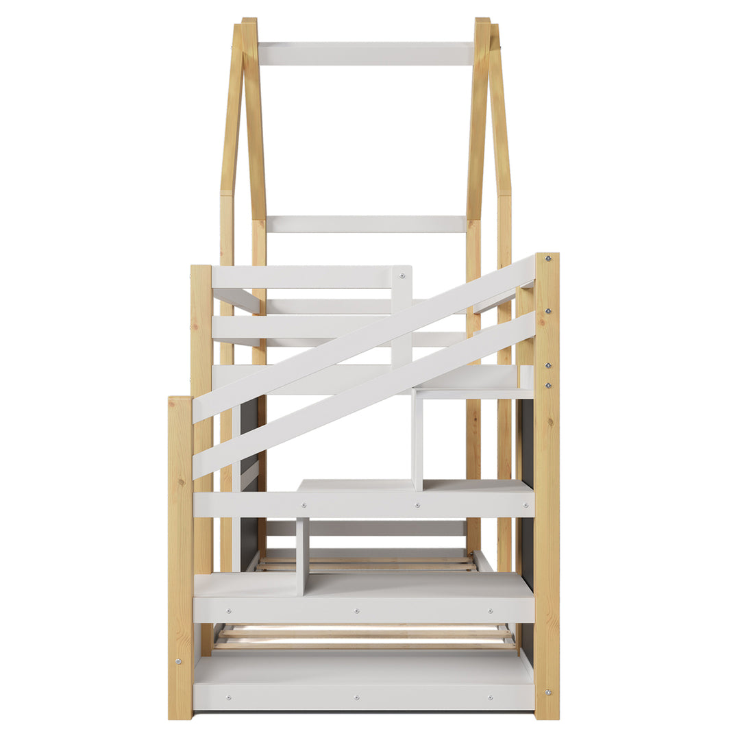 Hommoo Wood House Bed Frame Twin over Twin Bunk Bed with Ladders and Storage, White Image 6