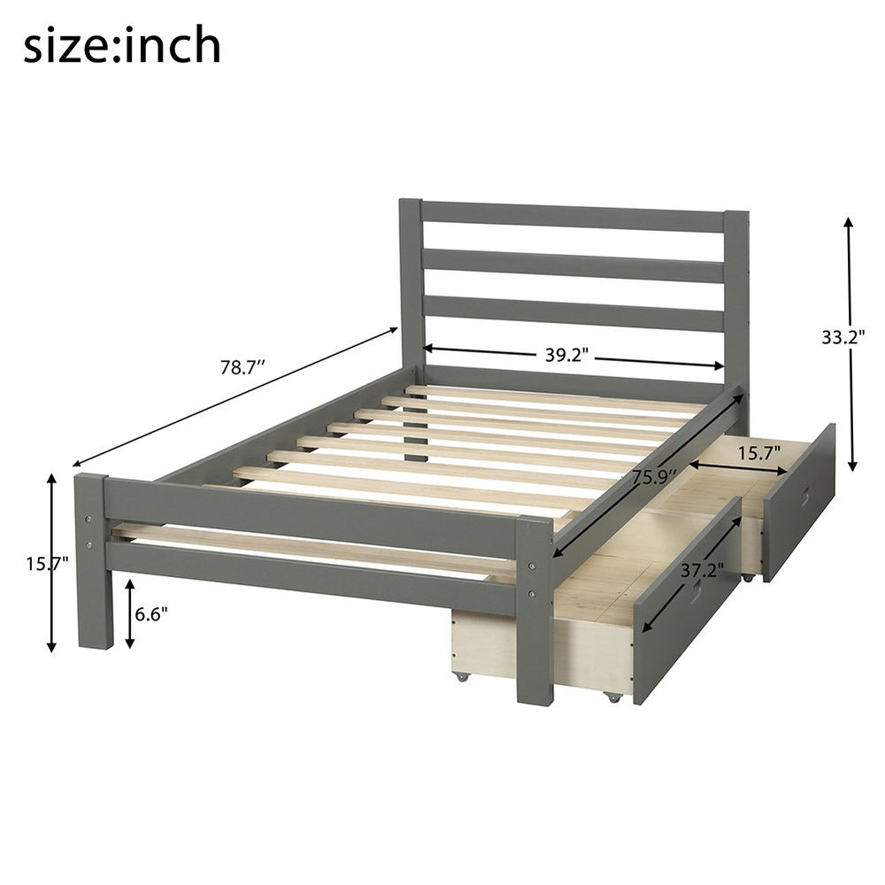 Hommoo Modern Wood Platform Bed for Home Hotel, Twin Size Bed Frame with Two Drawers, Gray Image 2