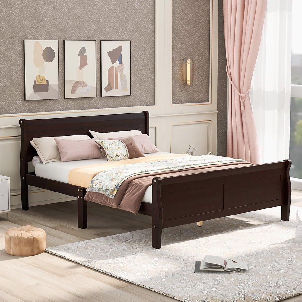 Hommoo Wood Platform Bed, Bed Frame with Headboard, Full Size Bed Frame - Espresso Image 1