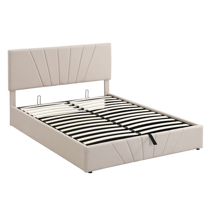 Hommoo Upholstered Platform Bed, Queen Size Bed Frame with Storage Space - Beige Image 3