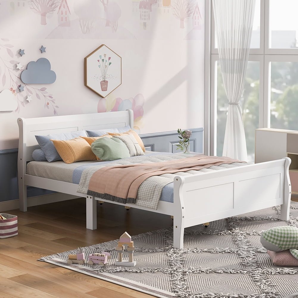 Hommoo Wood Platform Bed, Queen Size Bed Frame with Headboard - White Image 2