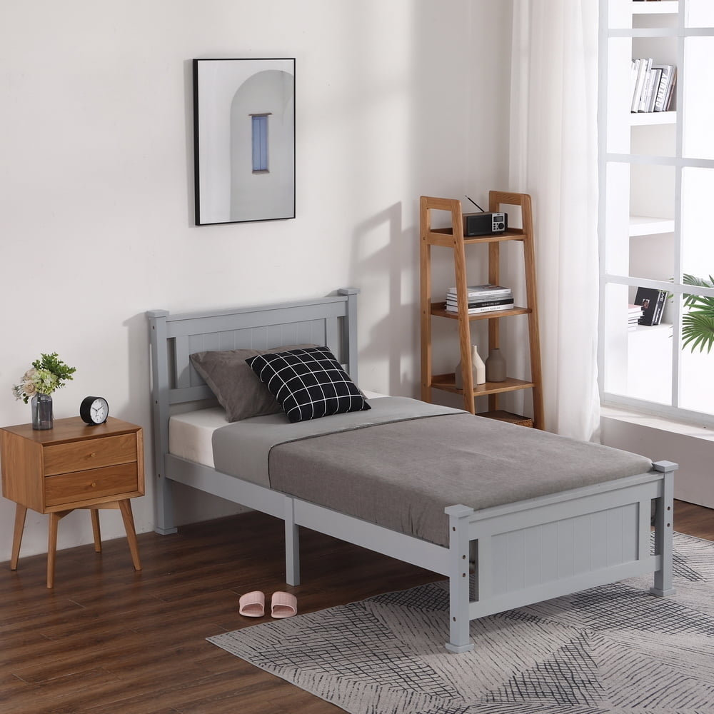 Hommoo Kids Pine Wood Twin Size Platform Bed Frame with Headboard Footboard for Bedroom, Gray Image 2