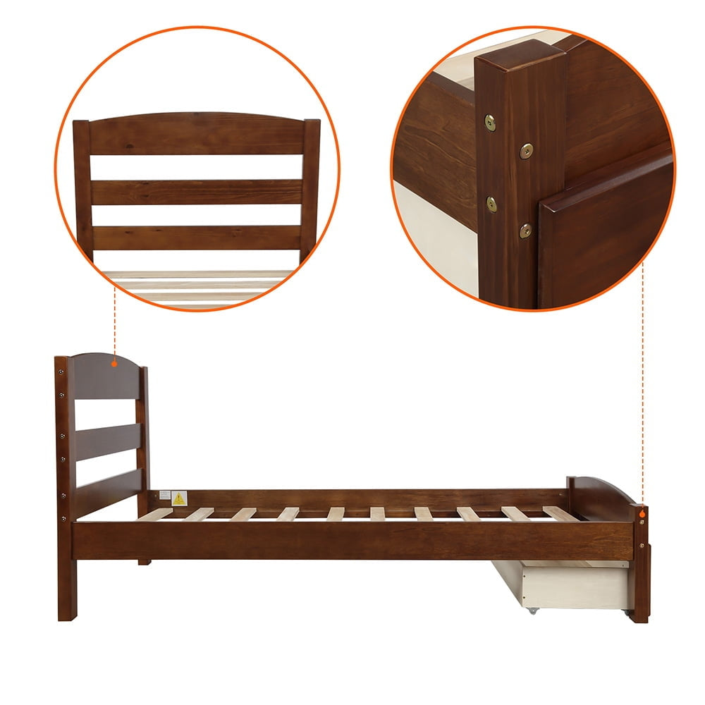 Hommoo Twin Size Platform Beds with Storage Drawers, Wood Bed Frame with Slat Support - No Box Spring Needed - Walnut Image 2