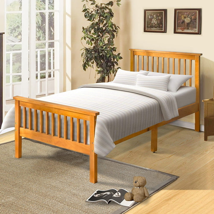 Hommoo Twin Size Wood Platform Beds, Bed Frame with Headboard and Footboard - Oak Image 1