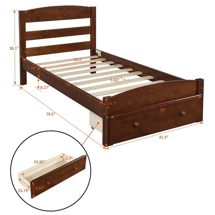 Hommoo Twin Size Platform Beds with Storage Drawers, Wood Bed Frame with Slat Support - No Box Spring Needed - Walnut Image 3