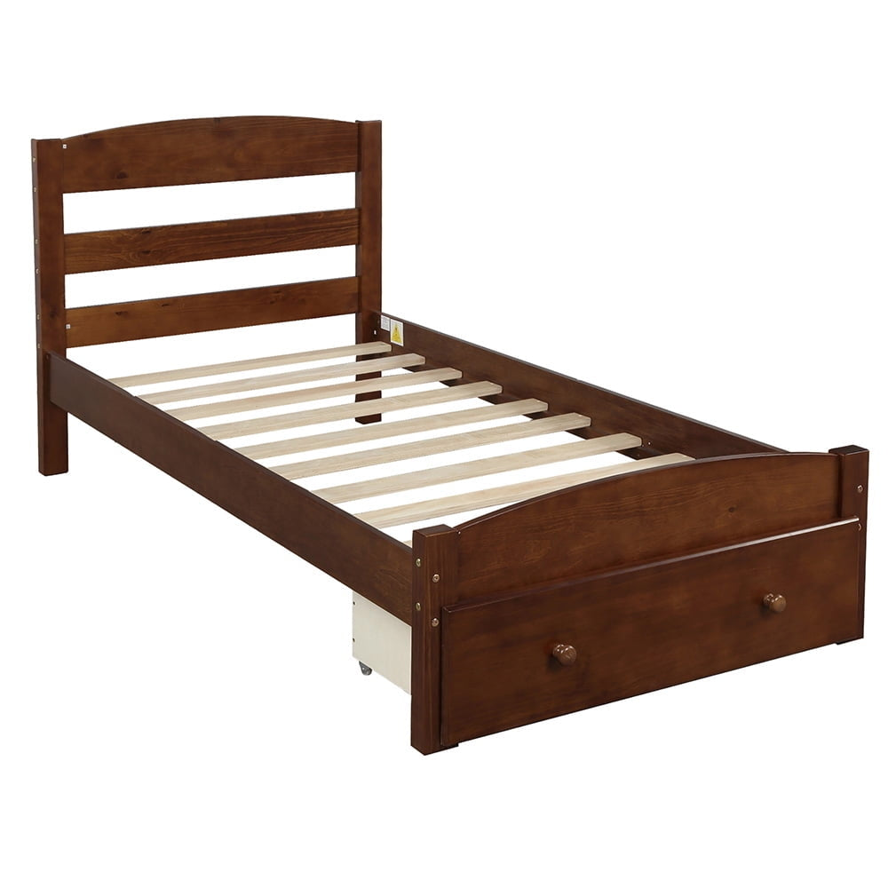 Hommoo Twin Size Platform Beds with Storage Drawers, Wood Bed Frame with Slat Support - No Box Spring Needed - Walnut Image 4