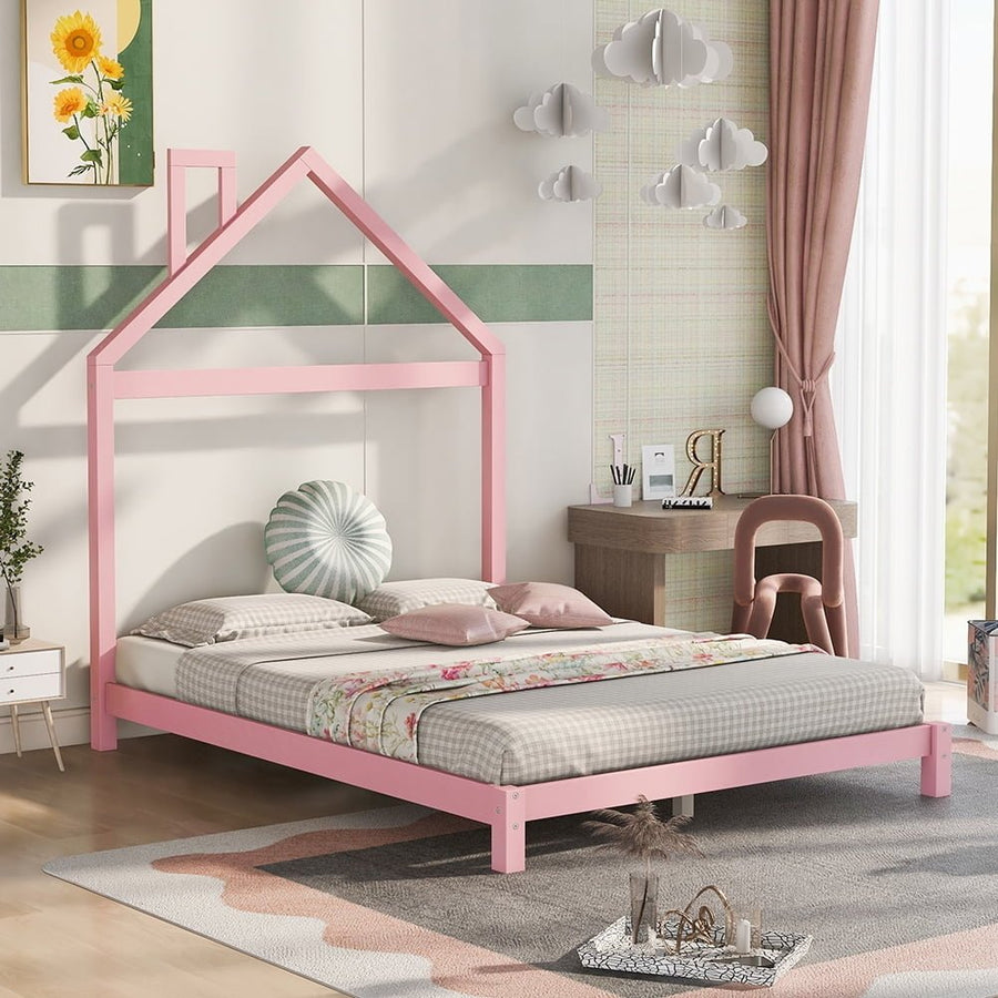 Hommoo Wood Platform Bed with House-Shaped Headboard,Full Size - Pink Image 1