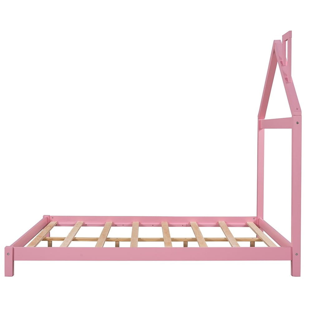 Hommoo Wood Platform Bed with House-Shaped Headboard,Full Size - Pink Image 2