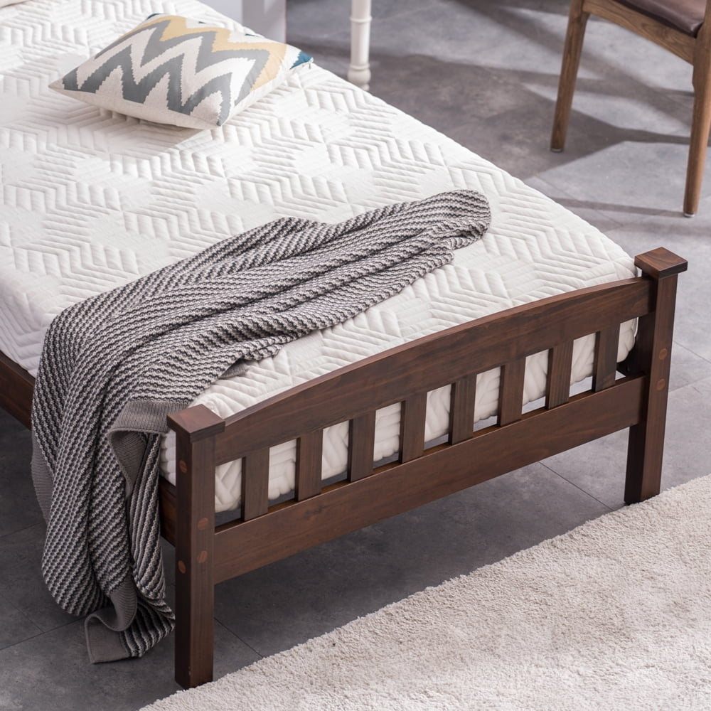 Hommoo Kids Pine Wood Twin Size Platform Bed Frame with Headboard Footboard for Bedroom, Walnut Image 6