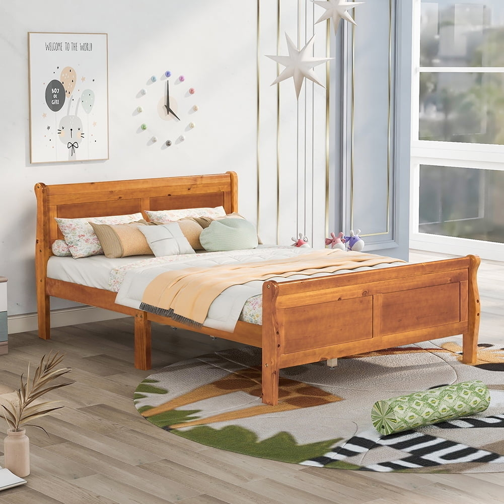 Hommoo Wood Platform Bed, Bed Frame with Headboard, Full Size Bed Frame - OAK Image 1