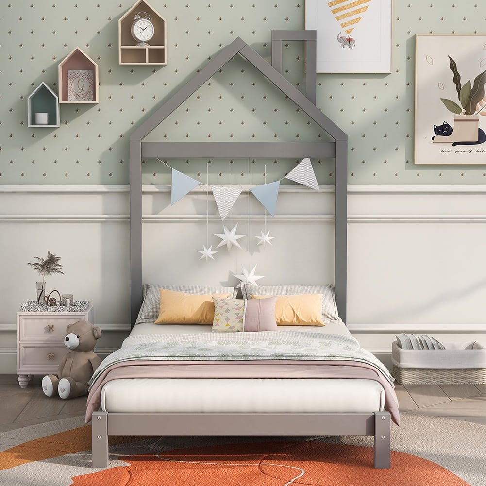 Hommoo Twin size Wood Platform Bed with House-shaped Headboard - Gray Image 1