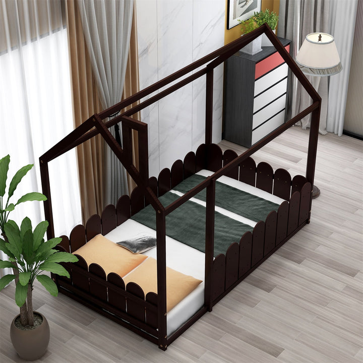 Hommoo Bed Frames with Pine Wood Roof and Fence for Kids/Toddlers, Wood Twin Size Bed Frame - Gray Image 6