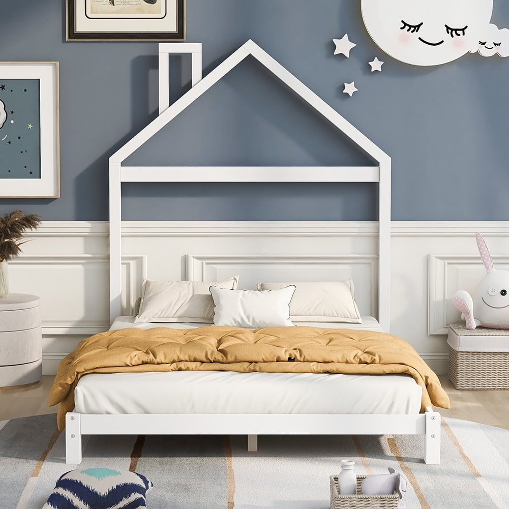 Hommoo Wood Platform Bed with House-Shaped Headboard,Full Size - White Image 1