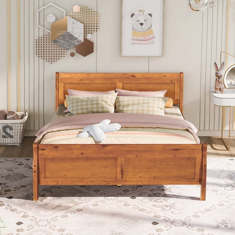 Hommoo Wood Platform Bed, Queen Size Bed Frame with Headboard - Oak Image 1