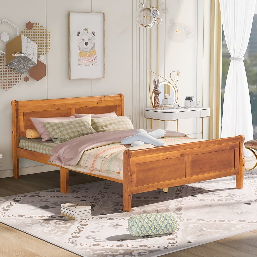 Hommoo Wood Platform Bed, Queen Size Bed Frame with Headboard - Oak Image 4