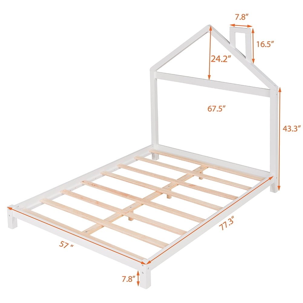 Hommoo Wood Platform Bed with House-Shaped Headboard,Full Size - White Image 6