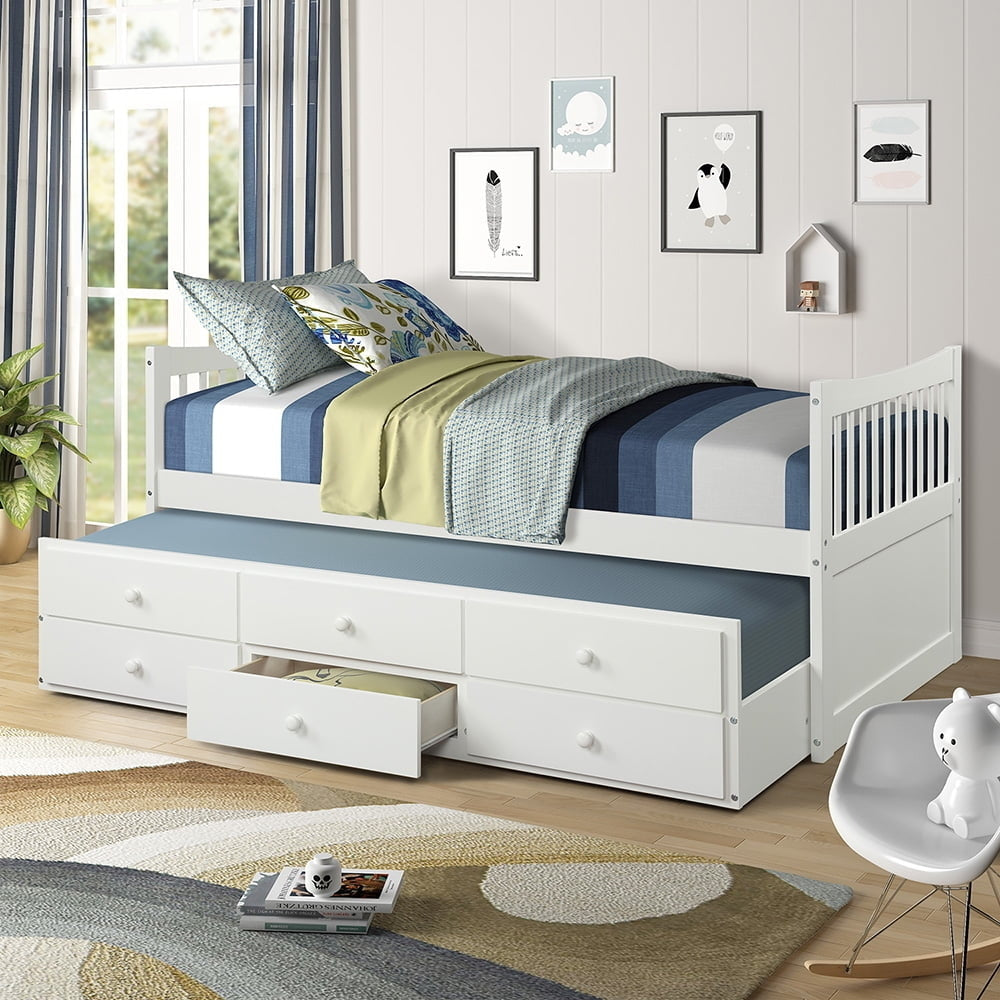 Hommoo Solid Wood Twin Size Beds with Trundle and 3 Storage Drawers - White Image 1