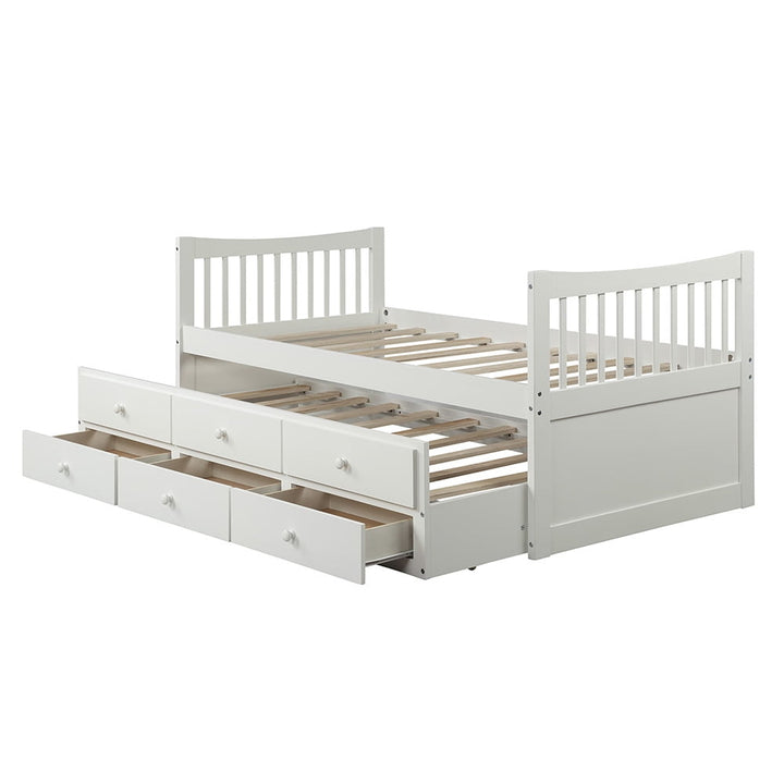 Hommoo Solid Wood Twin Size Beds with Trundle and 3 Storage Drawers - White Image 2