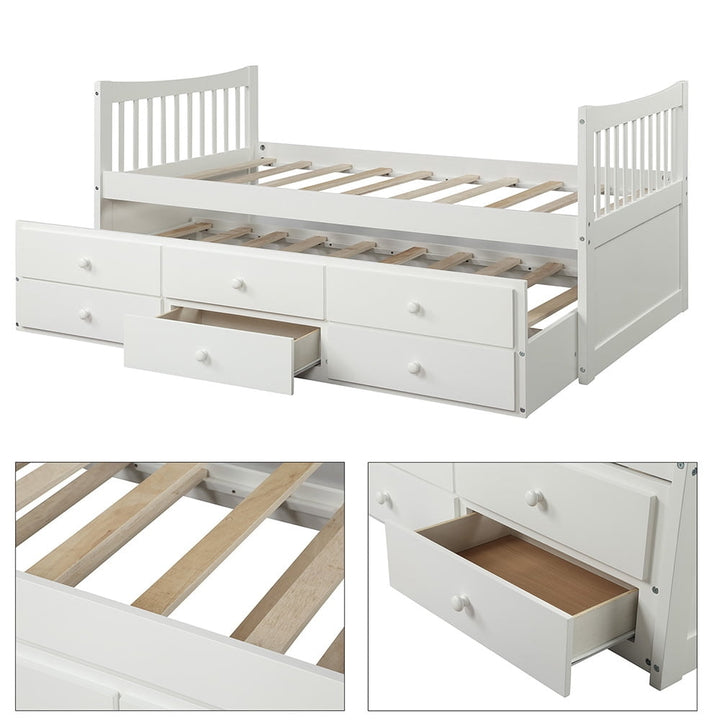 Hommoo Solid Wood Twin Size Beds with Trundle and 3 Storage Drawers - White Image 3