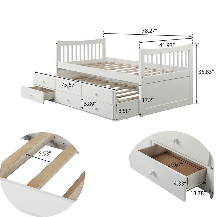 Hommoo Solid Wood Twin Size Beds with Trundle and 3 Storage Drawers - White Image 4